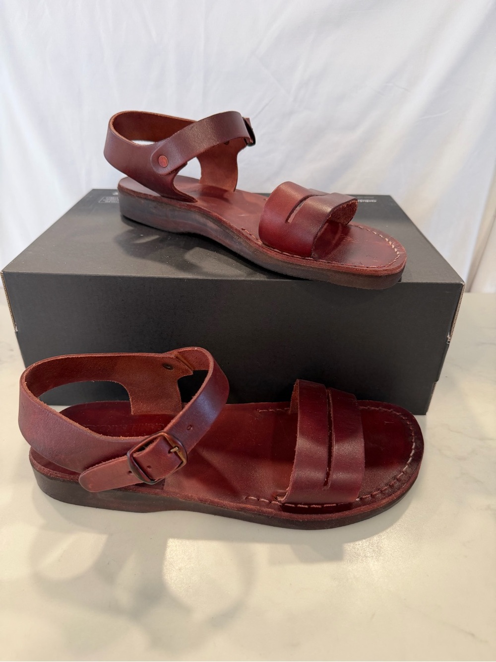 Women's Camel Leather Ankle-Strap Sandals — Deep Wine
